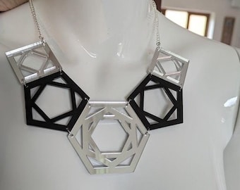Modern Statement Black and Silver Mirror Laser Cut Acrylic Perspex Geometric Necklace