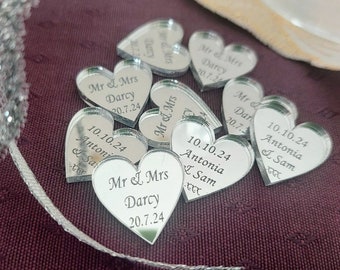 Personalised Love Hearts Silver Mirror Favour's Table Confetti for ,Weddings or Anniversaries  Mr + Mrs, Mr + Mr, Mrs + Mrs or 1st Names