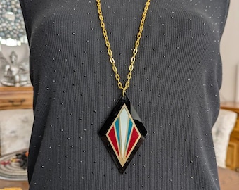 Modern Statement Geometric  Pendent Necklace -  Black, Gold, Teal, Red &  White - Art Deco Style