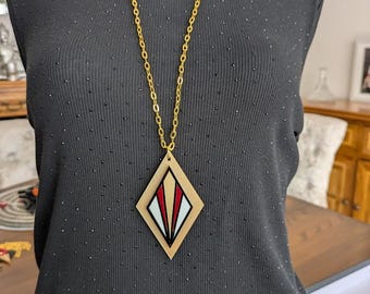 Modern Statement Geometric  Pendent Necklace -  Gold, Black, Red &  White - Art Deco Style
