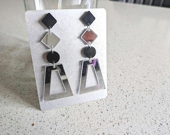 Modern Abstract  Dangle Drop Laser Cut Earrings - Silver Mirror & Black Perspex Acrylic