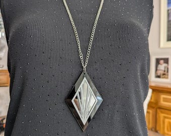 Modern Statement Geometric  Pendent Necklace -  Black, White and Mirror - Art Deco Style