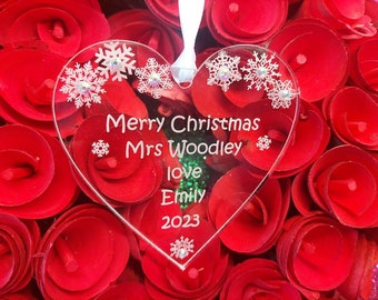 Personalised Teacher or Classroom assistants Christmas heart or Star Keepsake Gift Decoration