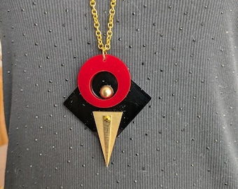 Modern Statement Geometric  Pendent Necklace -  Black, Gold & Red - Art Deco Style