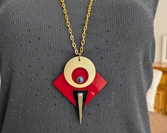 Modern Statement Geometric  Pendent Necklace - Red, Gold and Black - Art Deco Style