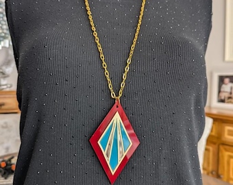 Modern Statement Geometric  Pendent Necklace -  Red, Gold, Teal &  Mirror - Art Deco Style