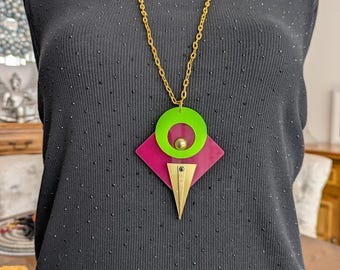 Modern Statement Geometric  Pendent Necklace -  Pink, Lime Green and Gold - Art Deco Style
