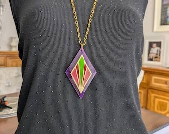 Modern Statement Geometric  Pendent Necklace -  Purple, Gold, Red, Pink & Lime Green - Art Deco StylePurple, ~Gold