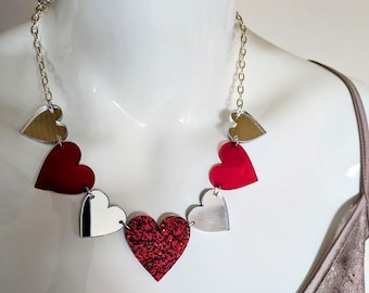 Modern Statement Red, Silver Mirror and Red Glitter Acrylic Laser Cut  Perspex Heart Necklace