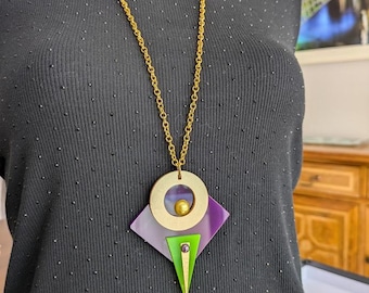 Modern Statement Geometric  Pendent Necklace -  Purple, Gold & Lime Green- Art Deco Style