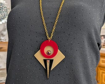 Modern Statement Geometric  Pendent Necklace -  Gold, Red and Black - Art Deco StyleGol