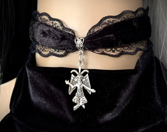 Baphomet Black Velvet Choker Necklace - goth gothic tradgoth lace jewelry satan satanic witchy alternative occult