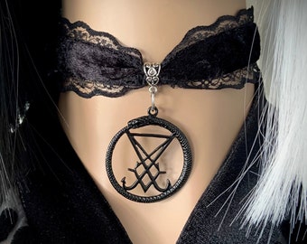 Black Sigil of Lucifer Serpent Seal Velvet Choker Necklace - goth gothic tradgoth lace jewelry satan satanic witchy ouroboros snake occult
