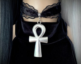XXL Ankh Black Velvet Choker Necklace - goth gothic tradgoth lace jewelry witchy witch occult magic