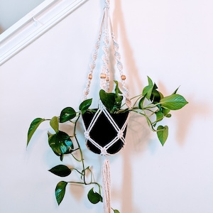 May include: A white macrame plant hanger with wooden beads hangs from a white ceiling. A potted plant with green leaves hangs in the macrame hanger.