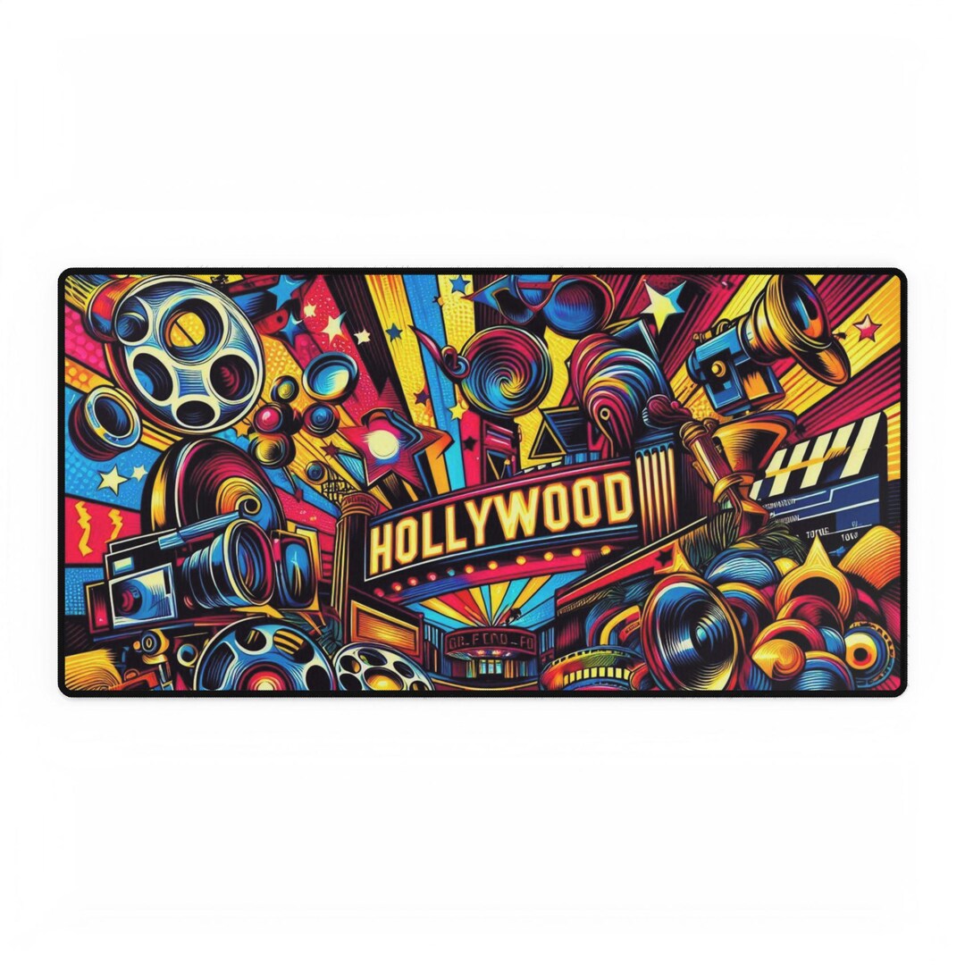 Hollywood Pop Art Desk Mat, Colorful Neon Lights, Film Reels, and Red ...