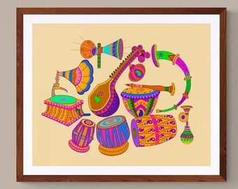 Indian folk art, Rajasthani folk art, Indian Wall decor, Folk art, Indian traditional art,House warming gift, musical instruments