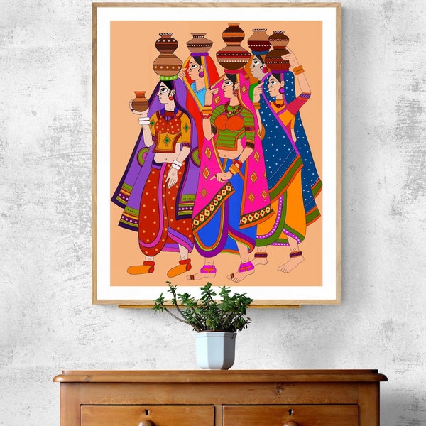 Indian folk art, Indian Wall decor, Folk art,  Indian traditional art,House warming gift, Diwali gift, Village scene, Instant downloads