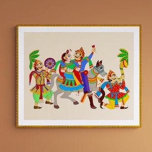 Indische Volkskunst,Rajasthani Volkskunst,Volkskunst,Indische traditionelle Kunst,Haus wärmendes Geschenk,Vintage Kunst,königliche Prozession, Diwali