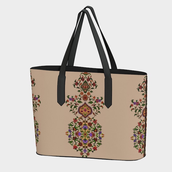 Luxury Vegan Leather Tote Bag| Floral Design| Designer Tote| Chic Purse| Fashionable Bag| Animal Cruelty Free| Handbag| Beige Bag
