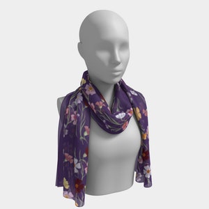 Scarf, 100% Silk Scarf, Chiffon Scarf, Satin Scarf, Women’s Scarf, Floral design, White, Orange, Purple, Spring, Gift for her, Holiday gift