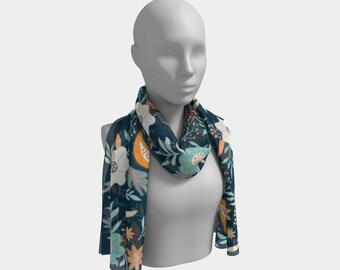 Scarf, 100% Silk Scarf, Chiffon Scarf, Satin Scarf, Women’s Scarf, Floral design, Teal, Orange, Blue, Spring, Gift for her, Holiday gift