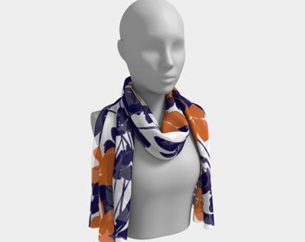 Scarf, 100% Silk Scarf, Chiffon Scarf, Satin Scarf, Women’s Scarf, Abstract design, Blue, Orange, Floral, Gift for her, Holiday gift