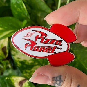 Pizza Planet Fantasy Hard Enamel Pin l Collectible Red Rocket Ship Rose Gold Back l Trading Pins l Space Galactic Toys