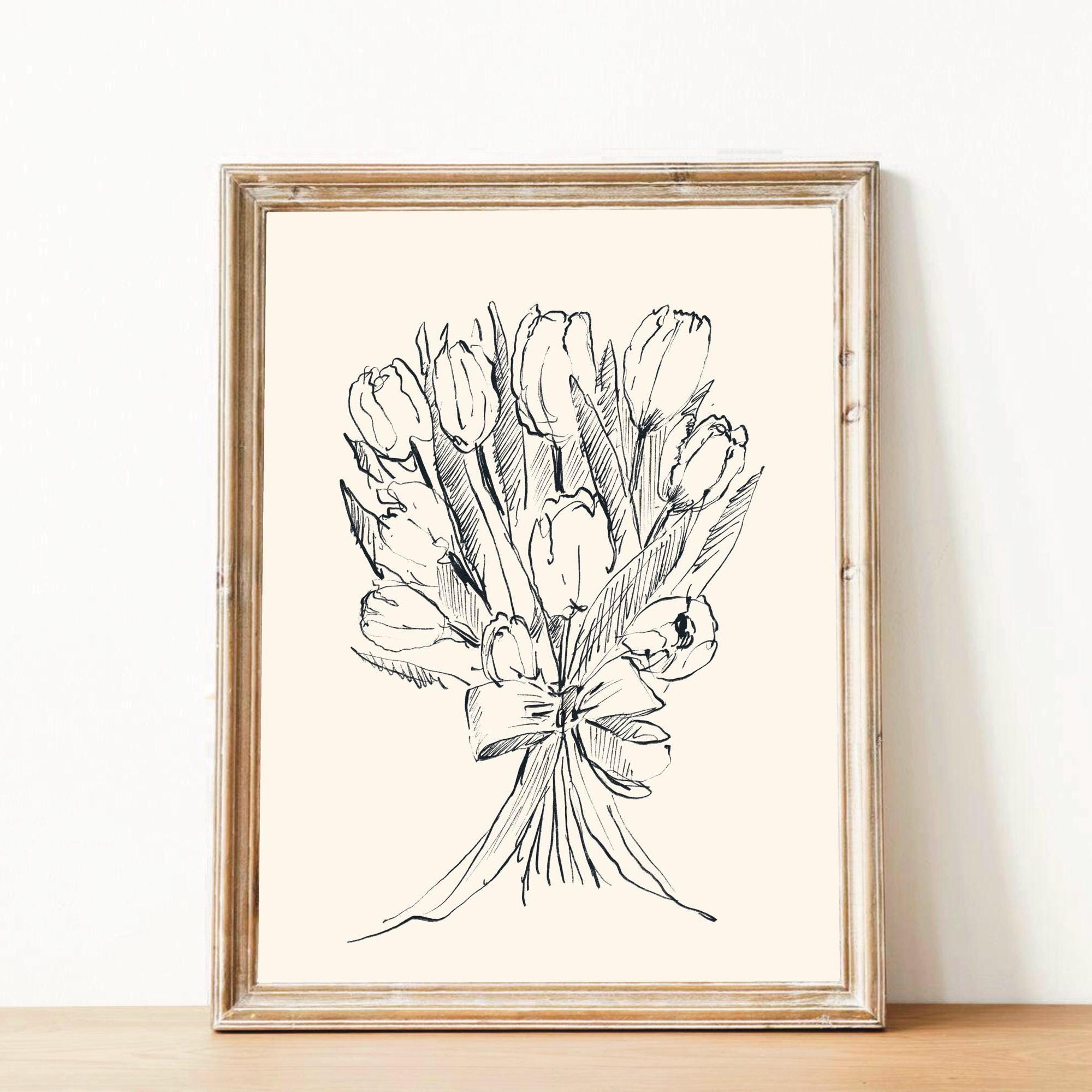 Minimalist Flower Line Art Print: Black and White Boho Decor (digital ...