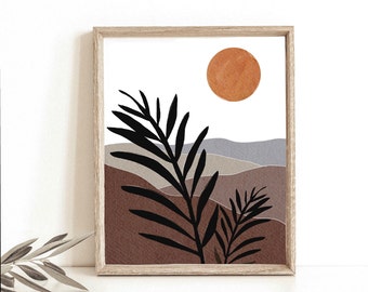 Boho Landschaft Kunstdruck, Botanische Wüstensonne (Digitaler Download)