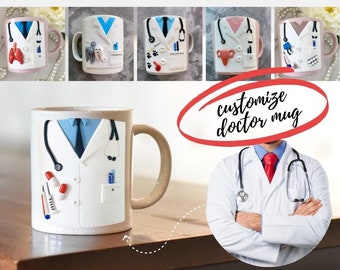 Personalized 3D doctor mug. Сustom doctor mug with white medical coat. Medical student coffee cup. Tea mug with polymer clay human organs