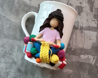 Mug  for knitter, cup knitting, funny ceramic handmade tea mug. Portrait mug