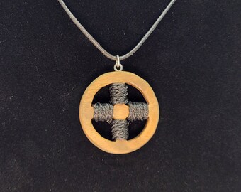 Odin's Cross Pendant Pagan Viking Norse Necklace Lignum Vitae Wood Sun Solar Wheel Paracord Knot Wrap