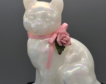 Fenton "Pearly Sentiments" line with a porcelain rose at the ribbon collar.