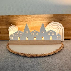 Huislijst, gipsdecoratie, winterstad, LED-verlichting met batterijvak, winterdorp, huizenrij, winterverlichting, gezellige sfeer