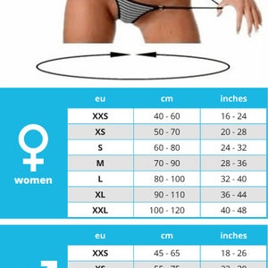 Puede incluir: Tabla de tallas para mujeres y hombres con medidas en pulgadas y cent&iacute;metros. La tabla muestra las conversiones de tallas para XXS, XS, S, M, L, XL y XXL.