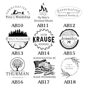 May include: A collection of eight black and white logos for different woodworking businesses. The logos feature various designs, including a saw blade, a tree, a hand plane, a fire, and an eagle. The logos are all set against a white background.