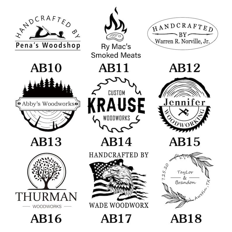 May include: A collection of eight black and white logos for different woodworking businesses. The logos feature various designs, including a saw blade, a tree, a hand plane, a fire, and an eagle. The logos are all set against a white background.