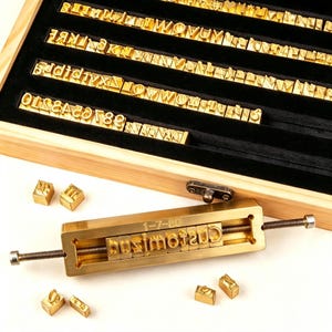 Puede incluir: Una caja de almacenamiento de madera con interior de terciopelo negro que contiene filas de sellos de letras y números de metal dorado. Un soporte de metal dorado con varilla roscada sostiene las letras que forman "customized" y "1-7-80".