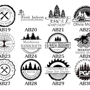 May include: A collection of 10 black and white logos for woodworking businesses. Each logo features a unique design, including a saw, a bee, a tree, and a hammer and axe. The logos are arranged in a grid pattern with the business name and a unique identifier below each logo.