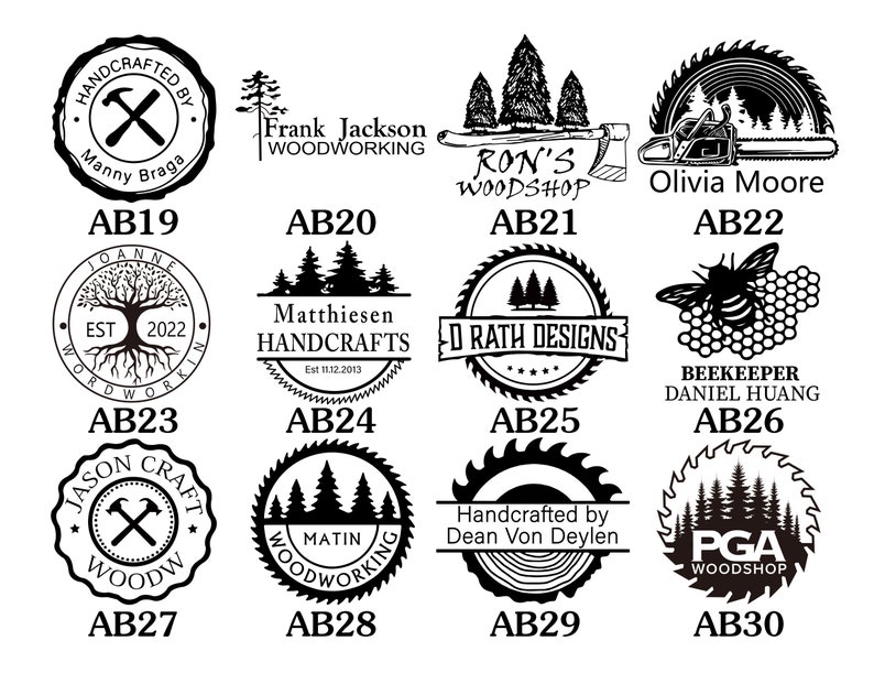 May include: A collection of 10 black and white logos for woodworking businesses. Each logo features a unique design, including a saw, a bee, a tree, and a hammer and axe. The logos are arranged in a grid pattern with the business name and a unique identifier below each logo.