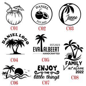 May include: A collection of eight different black and white designs featuring palm trees, coconuts, and text. The designs include "DANIEL", "Janne", "DANIEL LOGO", "EVALALBEERT HANDCRAFTED", "FAMILY Vacation 2022", and "ENJOY THE little things".