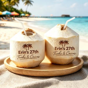 May include: Two fresh coconuts with white straws, each featuring a brown printed design of two palm trees and the text "Erin's 27th Turks & Caicos". The coconuts are placed on a round wooden tray, showcasing a light tan exterior shell.