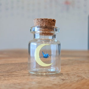 Micro Origami Crane in a Bottle Flying Over Moon - Origami Crane Art, Glass Bottle Decoration, Paper Gift Ornament Decoration