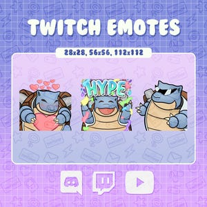 Może przedstawiać: Trzy emotki Twitch przedstawiające niebieskiego dinozaura w różnych pozach. Pierwsza emotka przedstawia dinozaura trzymającego serce z napisem "Hype" w tle. Druga emotka przedstawia dinozaura w okularach przeciwsłonecznych patrzącego w prawo. Trzecia emotka przedstawia dinozaura trzymającego serce z sercami unoszącymi się nad jego głową.