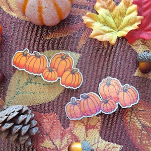 Puede incluir: Dos filas de calabazas naranjas con purpurina sobre un fondo de tela marrón y dorado. Las calabazas están dispuestas en forma escalonada.