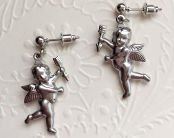 Silver Tone Cherub Cupid Earrings, Whimsical Angel Jewelry