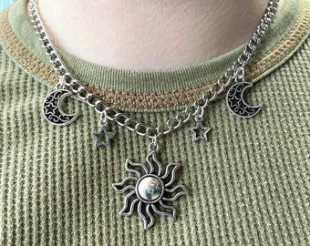 Silver tone celestial charm necklace