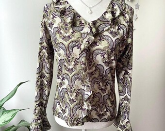 Y2K Ruffle Top, Green Purple Paisley Print, Sheer