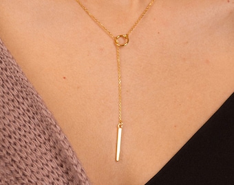 Gold Lariat Necklace for Women - Gold Vermeil Circle and Bar Necklace - Minimalist Bar Pendant